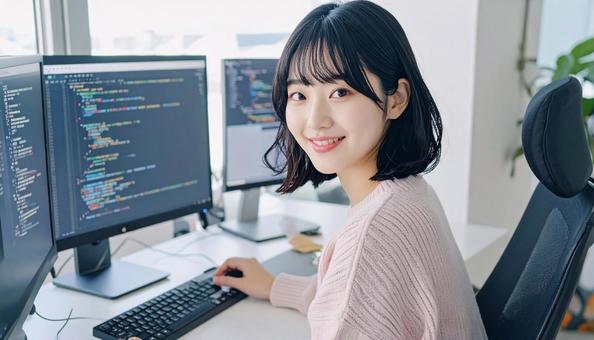 プログラミングをする女性エンジニア プログラミングをする女性エンジニアの写真