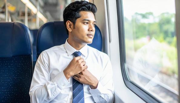 電車内で窓を見ながらネクタイを締める男性 電車内で窓を見ながらネクタイを締める男性の写真