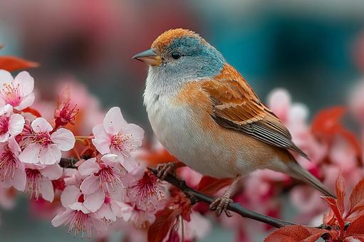 色鮮やかな羽毛の小鳥と満開の桜 色鮮やかな羽毛の小鳥と満開の桜の写真