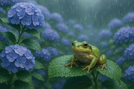 雨の中の紫陽花とかえるの写真