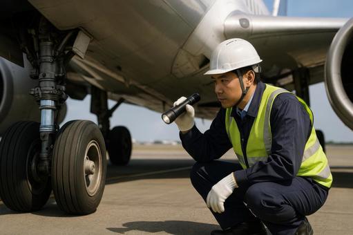 飛行機の車輪周辺を確認する整備員 飛行機の車輪周辺を確認する整備員の写真