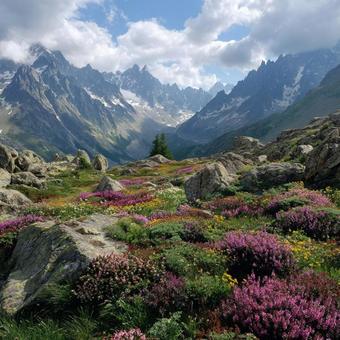 色鮮やかな高山植物と雄大な山々の風景 色鮮やかな高山植物と雄大な山々の風景の写真