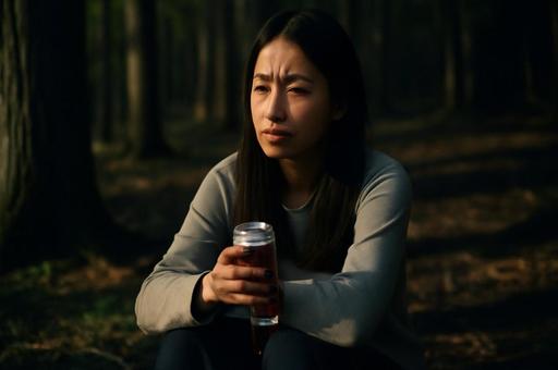 森の中で考える女性 森の中で考える女性の写真