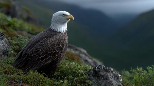 雄大なハクトウワシ、山頂に立つ 雄大なハクトウワシ、山頂に立つの写真