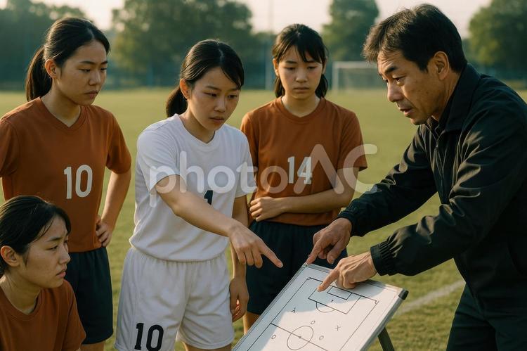作戦を立てる女子チームと監督 女子サッカー,日本,作戦会議の写真素材