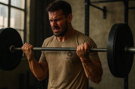 汗まみれの重量挙げ挑戦の写真