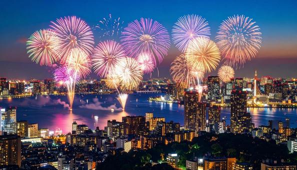 夜の街を彩る花火 夜の街を彩る花火の写真