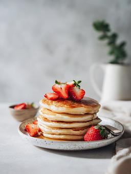イチゴを添えた焼きたてパンケーキ イチゴを添えた焼きたてパンケーキの写真