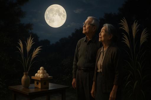 お供えを終えて満月を見上げる老夫婦 お供えを終えて満月を見上げる老夫婦の写真