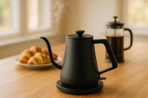 蒸気の立つケトル　朝食シーン　黒いケトルの写真