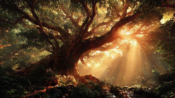 木漏れ日が差す巨大な樹の写真