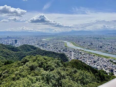岐阜城からの雄大な景色と長良川 岐阜城,城,天守閣の写真素材