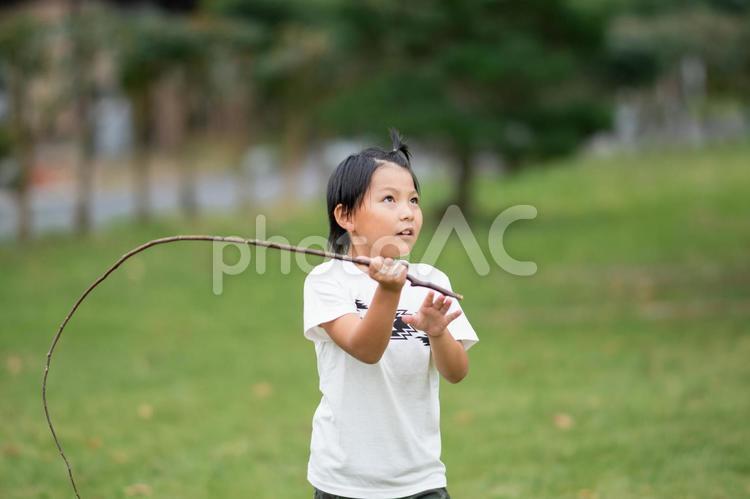 木の枝を持つ男の子 子供,枝,木の枝の写真素材