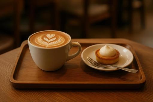 トレーに並ぶラテとスイーツの写真