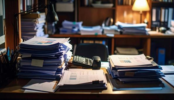 書類まみれの会社の机 書類まみれの会社の机の写真