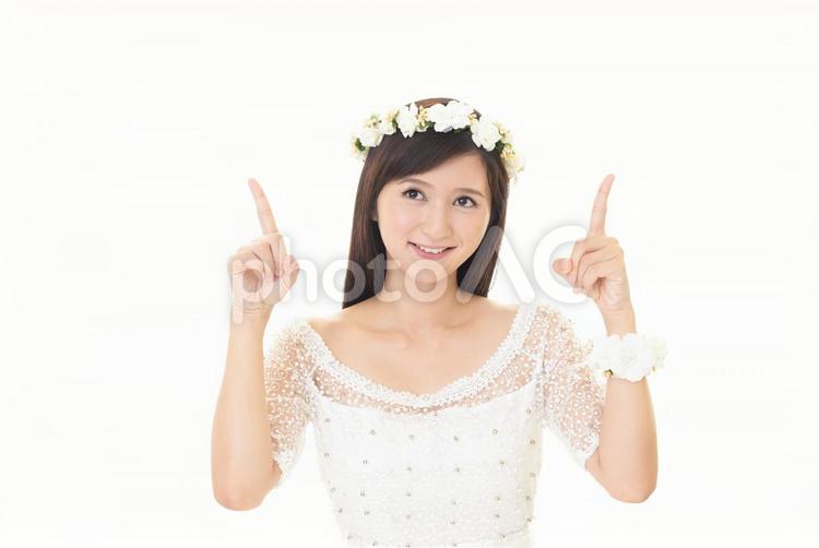 指さす笑顔の花嫁 女性,花嫁,ウエディングの写真素材