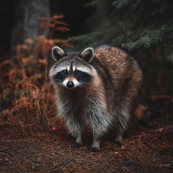 森の中でたたずむアライグマの野生写真 森の中でたたずむアライグマの野生写真の写真