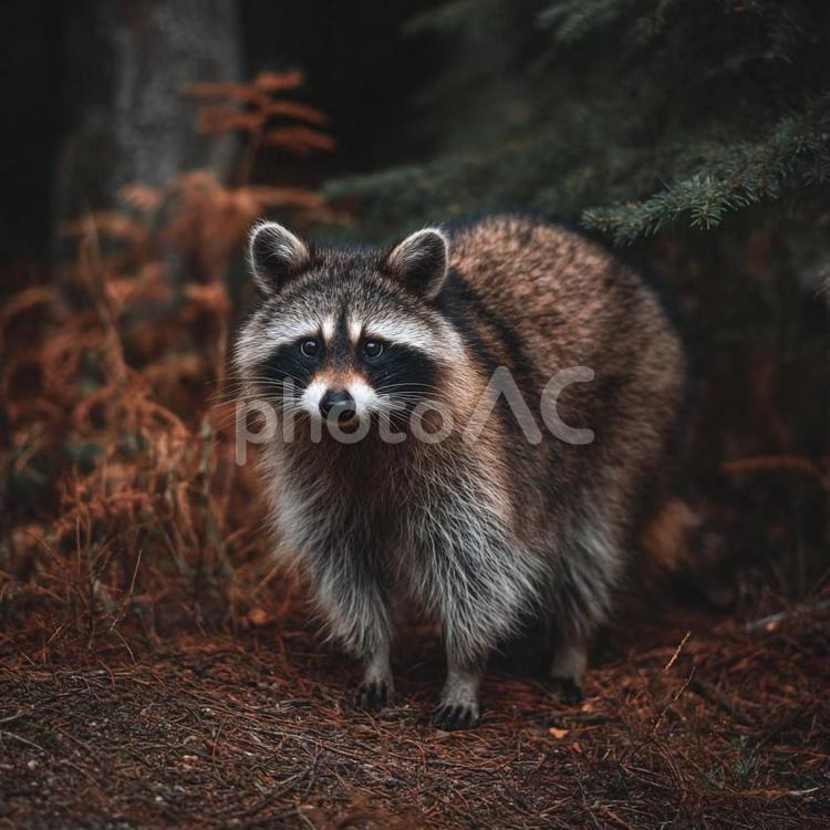 森の中でたたずむアライグマの野生写真 アライグマ,動物,森の写真素材