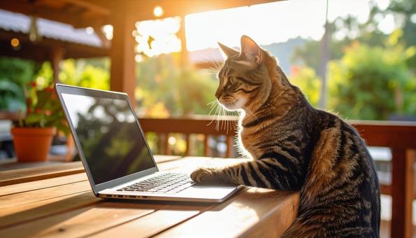 カフェで働く猫の写真