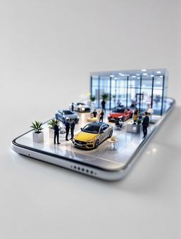 スマホ上のミニチュア自動車ディーラー スマホ上のミニチュア自動車ディーラーの写真