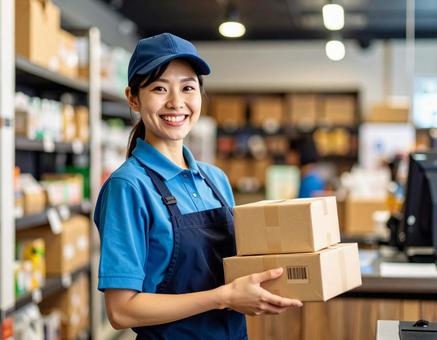 荷物を持つ宅配委スタッフ女性の写真