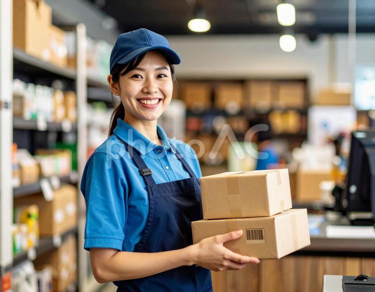 荷物を持つ宅配委スタッフ女性 女性,若い女性,宅配便の写真素材