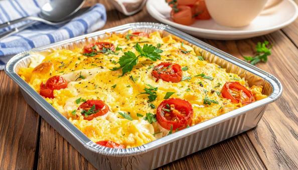 卵、チーズ、トマト入りのキャセロールの写真