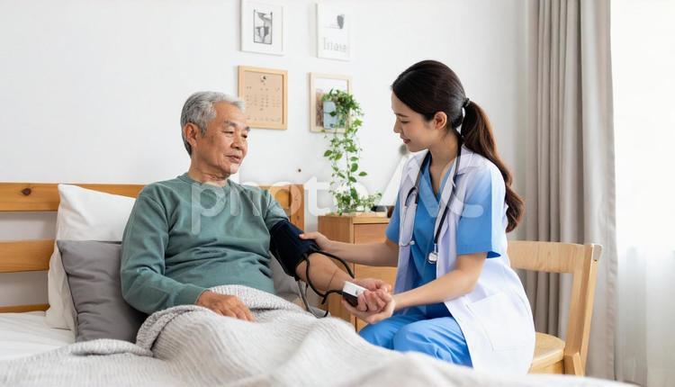 訪問看護で患者の血圧を測定する看護師 訪問看護,看護師,血圧の写真素材