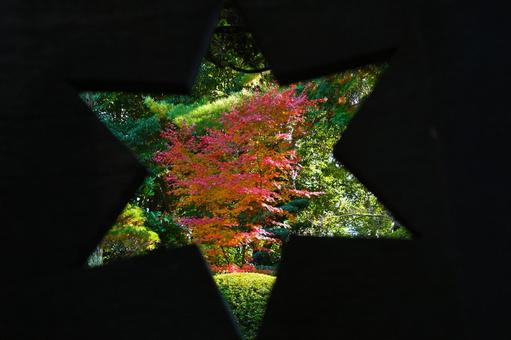  六方手裏剣の形をした穴から見た紅葉 六方手裏剣,形,穴の写真素材