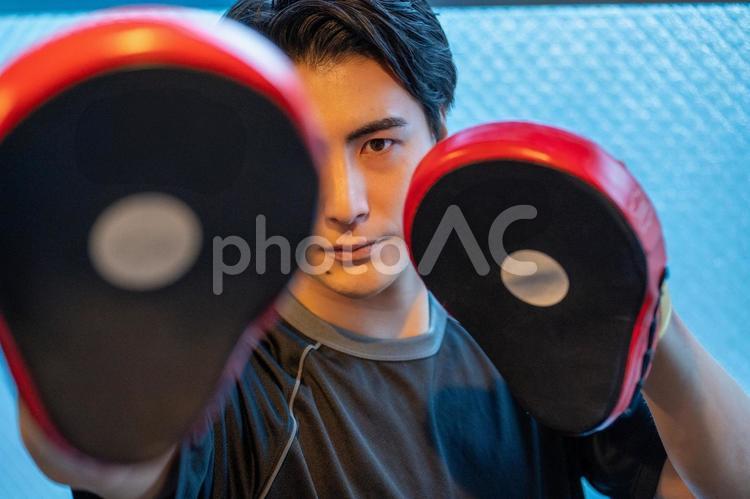室内でボクシングミットを構える日本人男性 ミット打ち,男性,ボクシングの写真素材