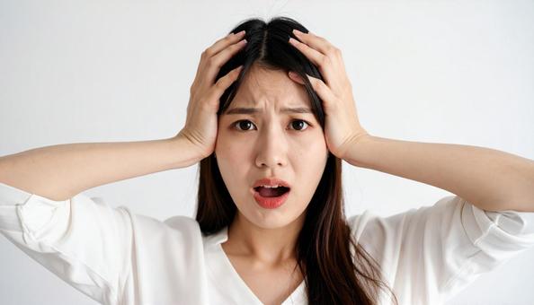 驚きと混乱の表情で頭を抱える女性 驚きと混乱の表情で頭を抱える女性の写真