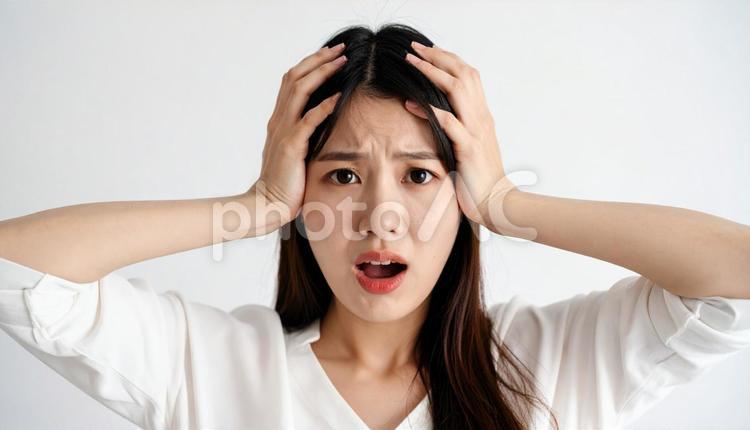 驚きと混乱の表情で頭を抱える女性 人物,困惑,驚きの写真素材