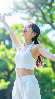 健康的な女性深呼吸 健康的な女性深呼吸の写真