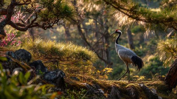 穏やかな春の風景に佇むタンチョウ 穏やかな春の風景に佇むタンチョウの写真
