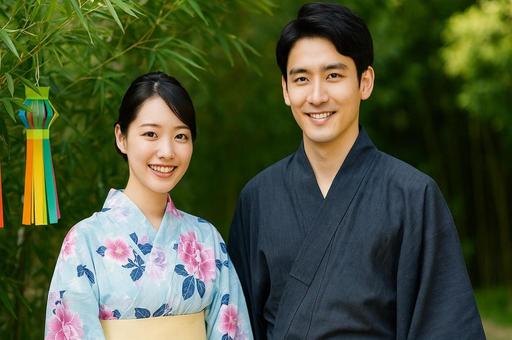 七夕浴衣カップル笑顔・夏祭り・和装の男女 七夕浴衣カップル笑顔・夏祭り・和装の男女の写真