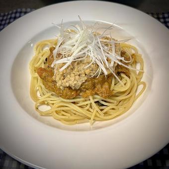 ひきわり納豆のチキン無水カレーパスタ ひきわり納豆のチキン無水カレーパスタ 無水カレー,パスタ,イタリアンの写真素材