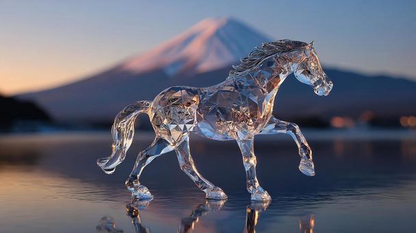 富士山とクリスタルの馬の置物 富士山とクリスタルの馬の置物の写真