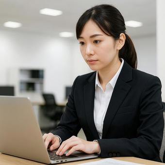 パソコンで研修を受ける新入社員の女性の写真