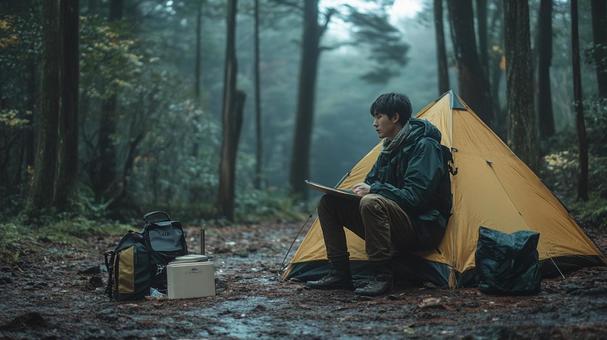 ソロキャンプをする男性 ソロキャンプをする男性の写真