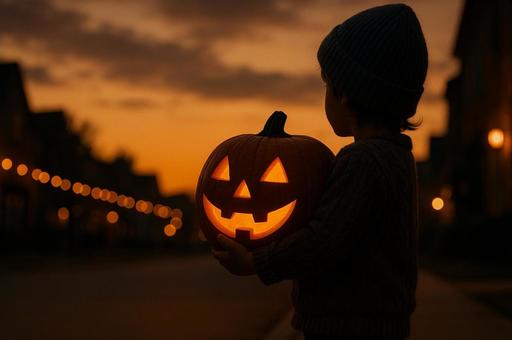 お化けかぼちゃを抱く子供の写真