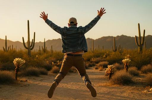 砂漠の夕暮れでジャンプする男性の後ろ姿 砂漠の夕暮れでジャンプする男性の後ろ姿の写真