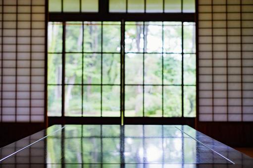 View of outdoor greenery from inside a Japanese house, JPG View of outdoor greenery from inside a Japanese house, interior, japanese style room, sliding door, JPG