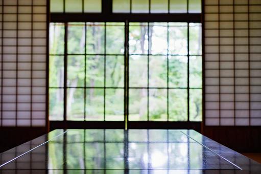 View of outdoor greenery from inside a Japanese house, interior, japanese style room, sliding door, JPG