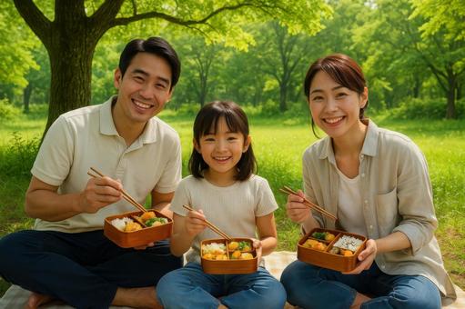 公園でお弁当を楽しむ家族 公園でお弁当を楽しむ家族の写真