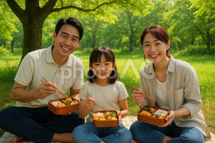 公園でお弁当を楽しむ家族 日本人,家族,親子の写真素材