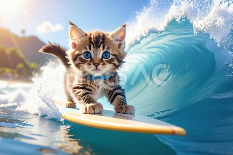 楽しい夏休みのイメージ_02 夏休み,サーフィン,子猫の写真素材