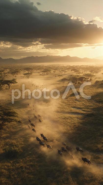 アフリカの広大な大地を横断するヌーの行進 ヌー,大移動,サバンナの写真素材