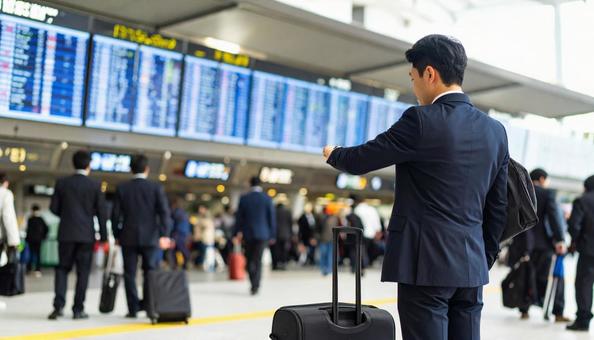 腕時計を見るビジネスマン 空港 腕時計を見るビジネスマン 空港の写真