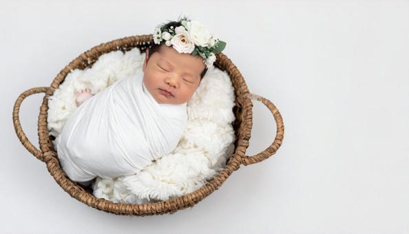 天使の恰好で記念撮影する日本人の赤ちゃん 天使の恰好で記念撮影する日本人の赤ちゃんの写真