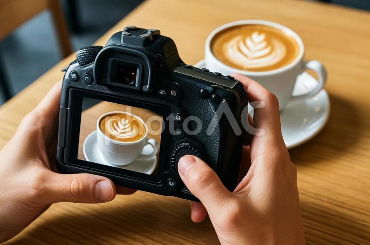 カフェでカフェラテをカメラで撮影している カフェラテ,カフェ,撮影の写真素材
